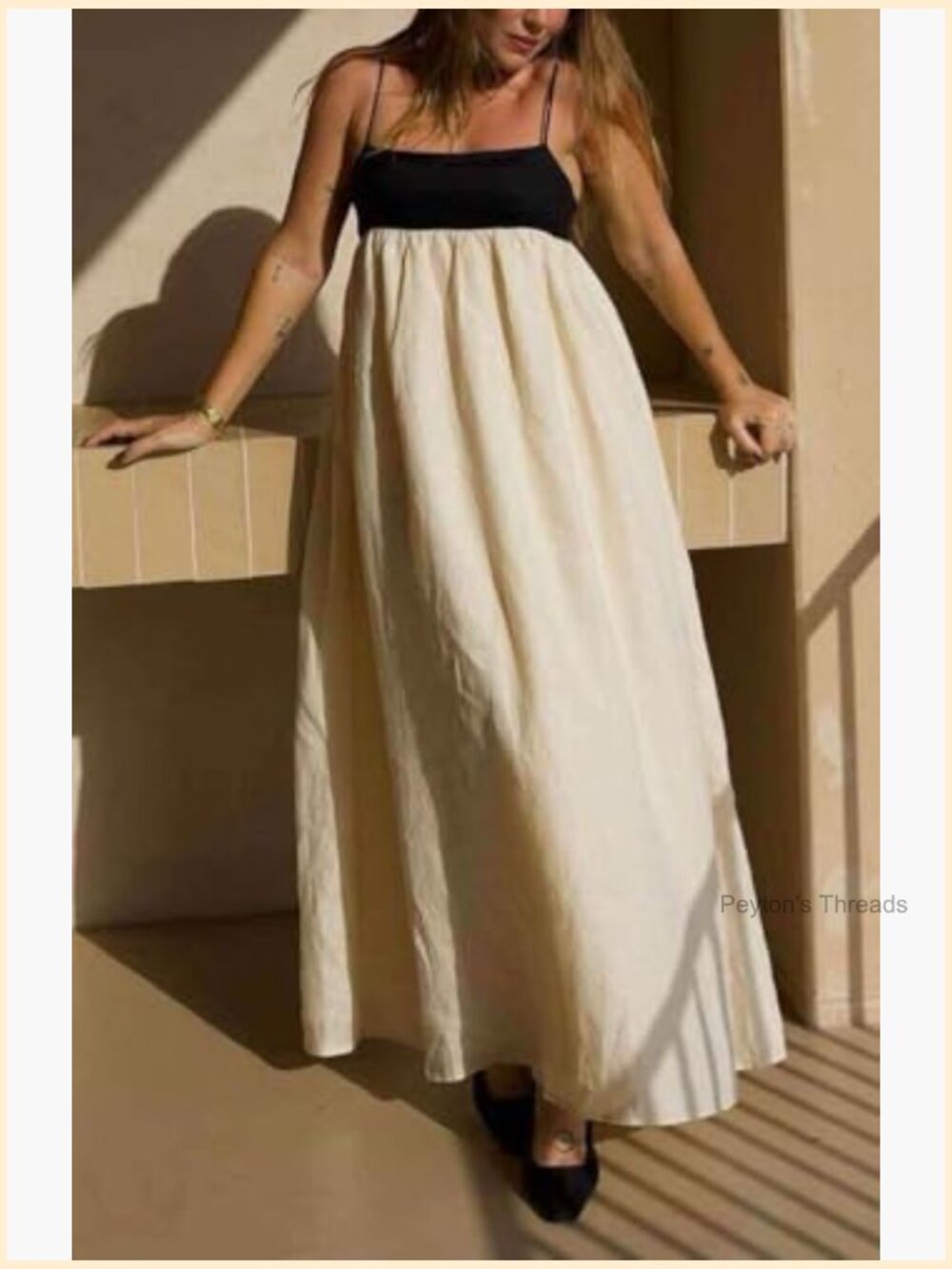 Color Block Spaghetti Strap Maxi Linen Dress Flowy Beach Sundress - Picture 4 of 6